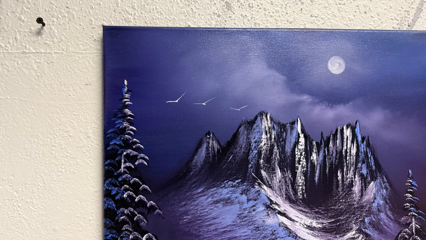 Painting #2114 - 18x24" Canvas - Forest Cabin Painting with Fairy Lights painted 10-23-25