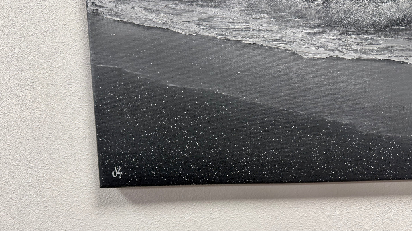 Painting #2536 - 20x24" Canvas - Black and White Mountain Seascape painted 7-31-26