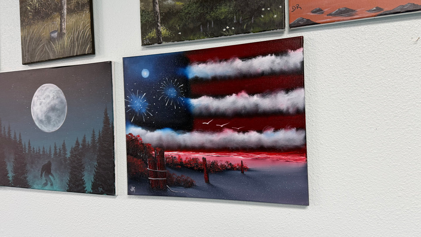 Painting #2504 - 16x20" Canvas - American Flag Seascape painted 7-5-26