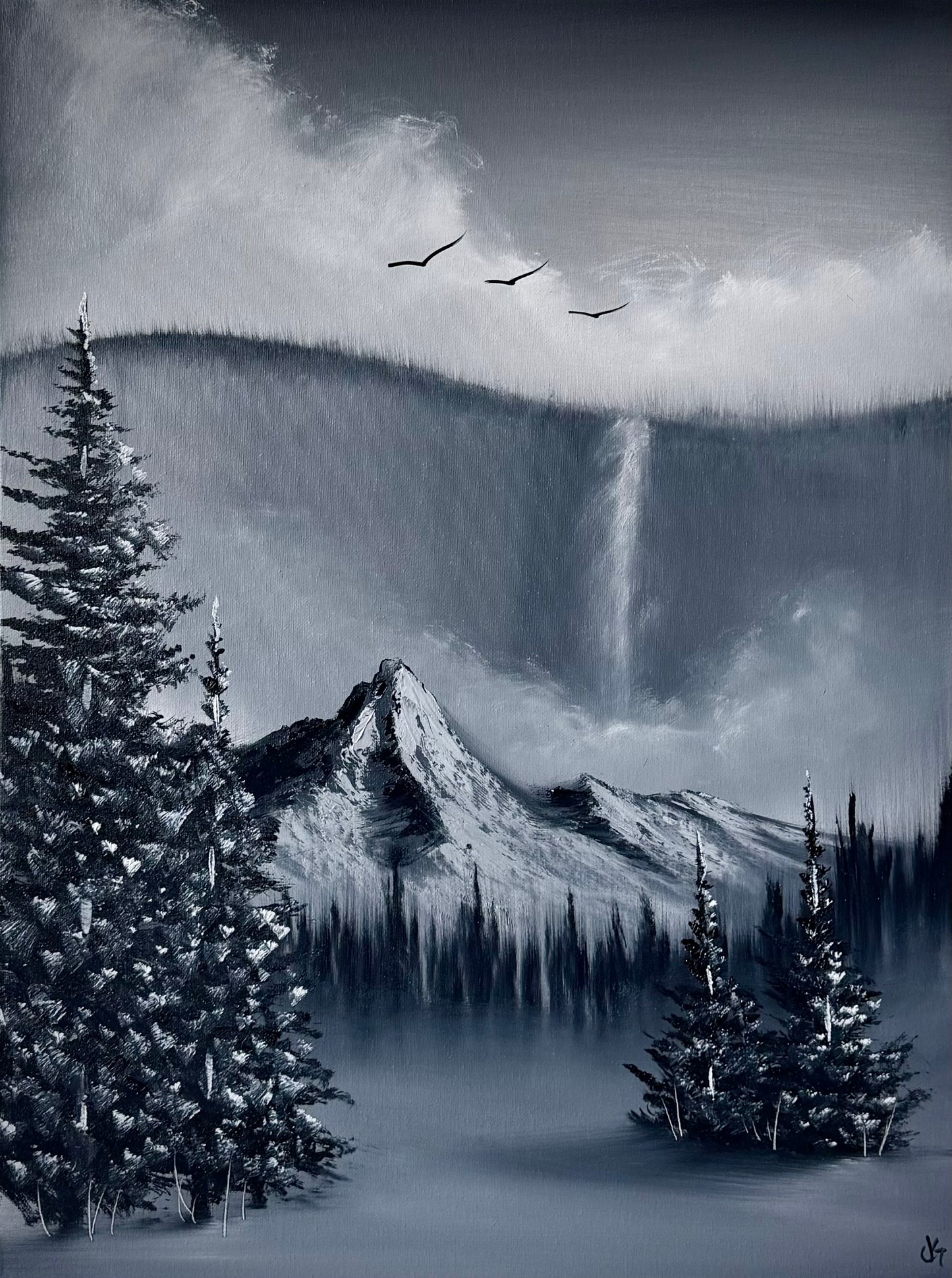 Painting #2489 - 18x24" Canvas - Black and White Mountain Waterfall painted 6-15-26