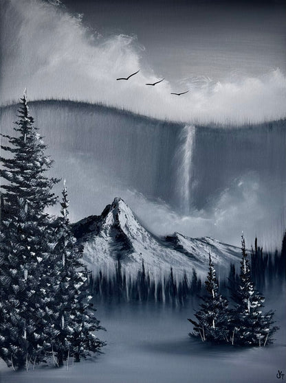 Painting #2489 - 18x24" Canvas - Black and White Mountain Waterfall painted 6-15-26