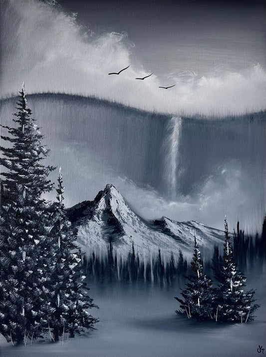 Painting #2489 - 18x24" Canvas - Black and White Mountain Waterfall painted 6-15-26