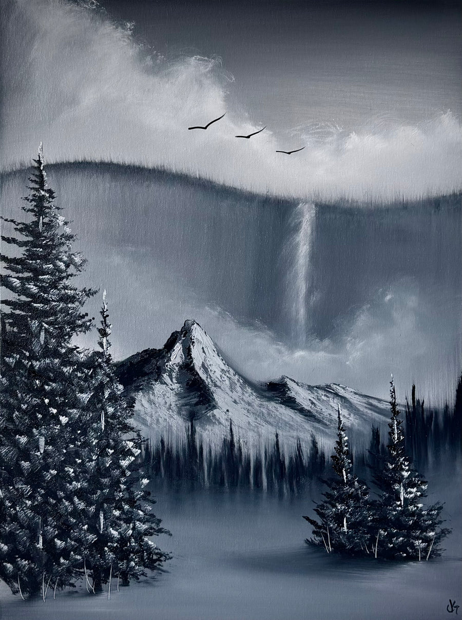 Painting #2489 - 18x24" Canvas - Black and White Mountain Waterfall painted 6-15-26