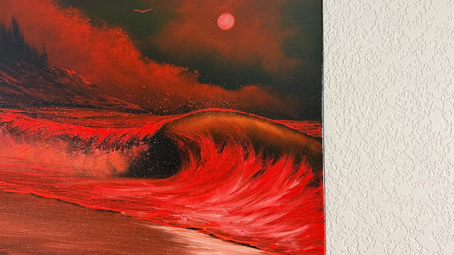 Painting #2510 - 16x20" Canvas - Red West Coast Crashing Wave Seascape painted 7-10-26