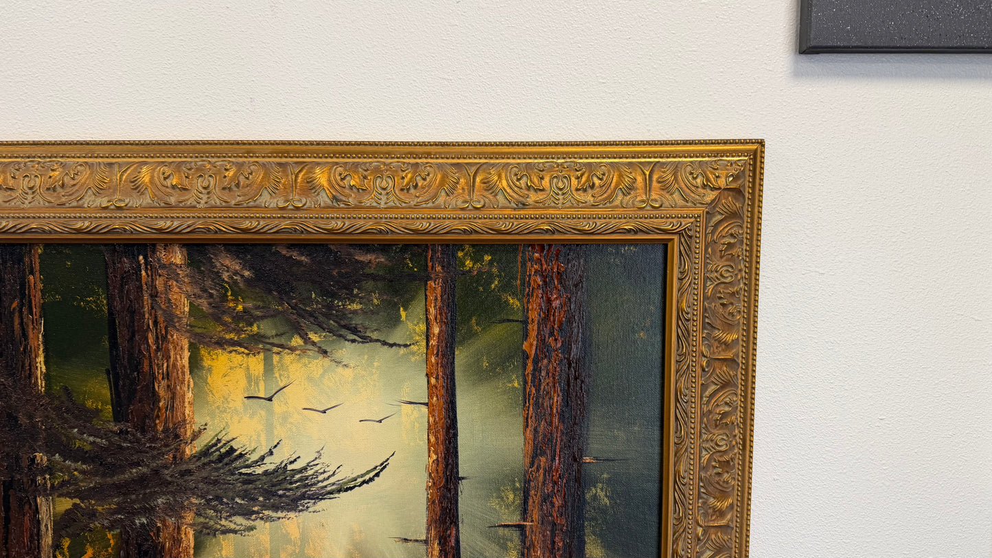 Painting #2521 - 20x24" Gold Framed Canvas - Sunset Forest Landscape painted 7-20-26