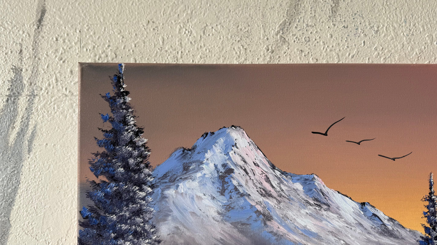 Painting #2145 - 16x20" Canvas - Christmas Tree Mountain Landscape with Fairy Lights painted 11-14-25