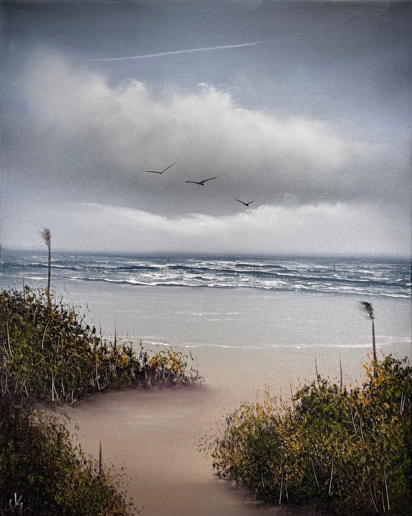 Painting #2273 - 16x20" Canvas - Cattails Seascape painted 2-6-26