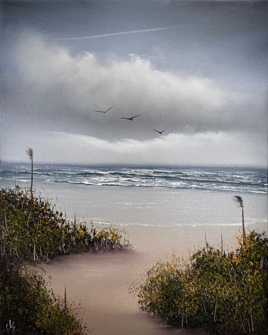 Painting #2273 - 16x20" Canvas - Cattails Seascape painted 2-6-26