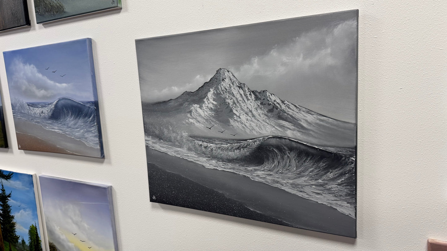 Painting #2536 - 20x24" Canvas - Black and White Mountain Seascape painted 7-31-26