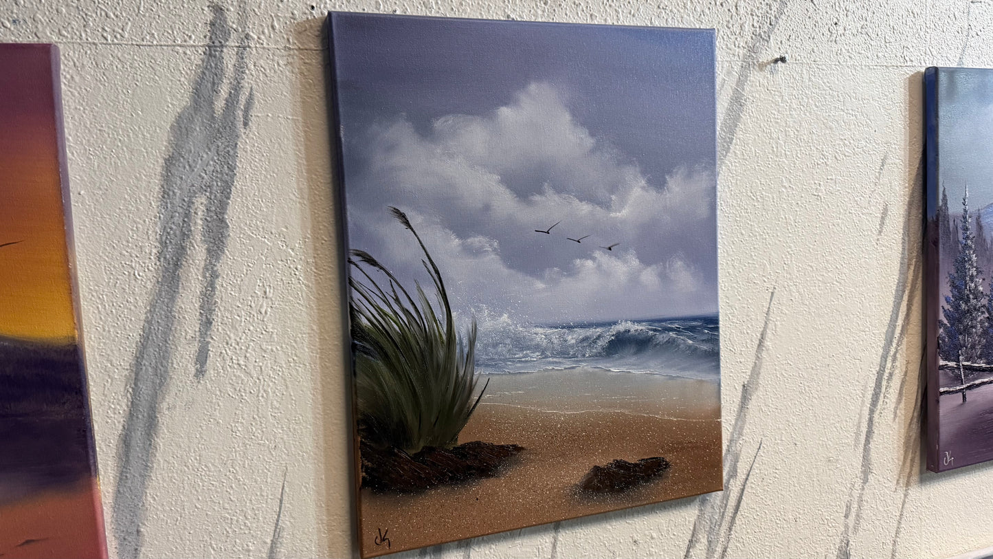 Painting #2232 - 16x20" Canvas - Cattails Seascape painted 1-10-26