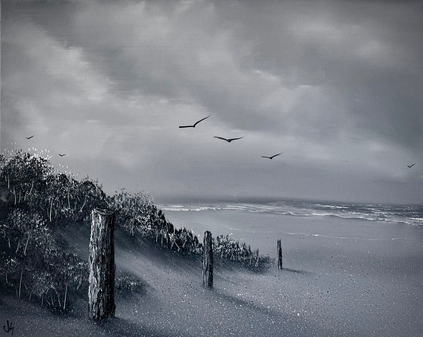 Painting #2449 - 16x20" Canvas - Black and White Seascape painted 5-21-26