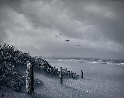 Painting #2449 - 16x20" Canvas - Black and White Seascape painted 5-21-26