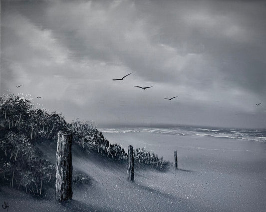 Painting #2449 - 16x20" Canvas - Black and White Seascape painted 5-21-26