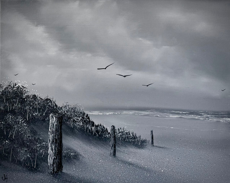 Painting #2449 - 16x20" Canvas - Black and White Seascape painted 5-21-26