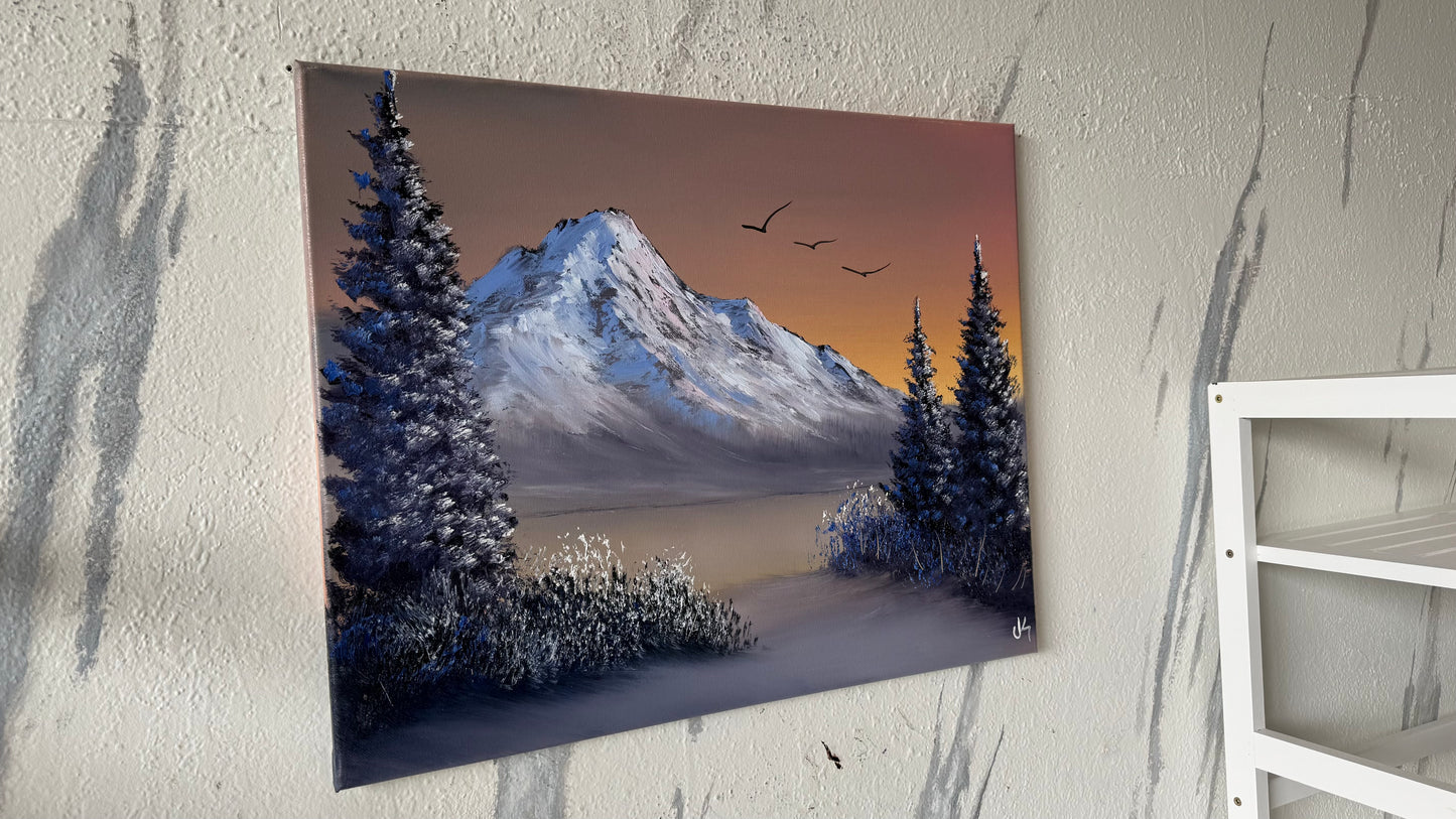 Painting #2145 - 16x20" Canvas - Christmas Tree Mountain Landscape with Fairy Lights painted 11-14-25