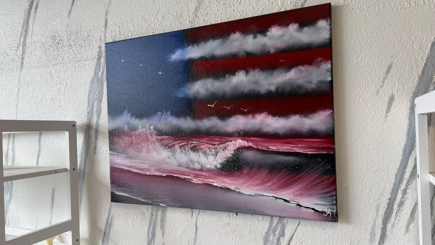 Painting #2121 - 18x24" Canvas - American Flag Seascape painted 10-26-25