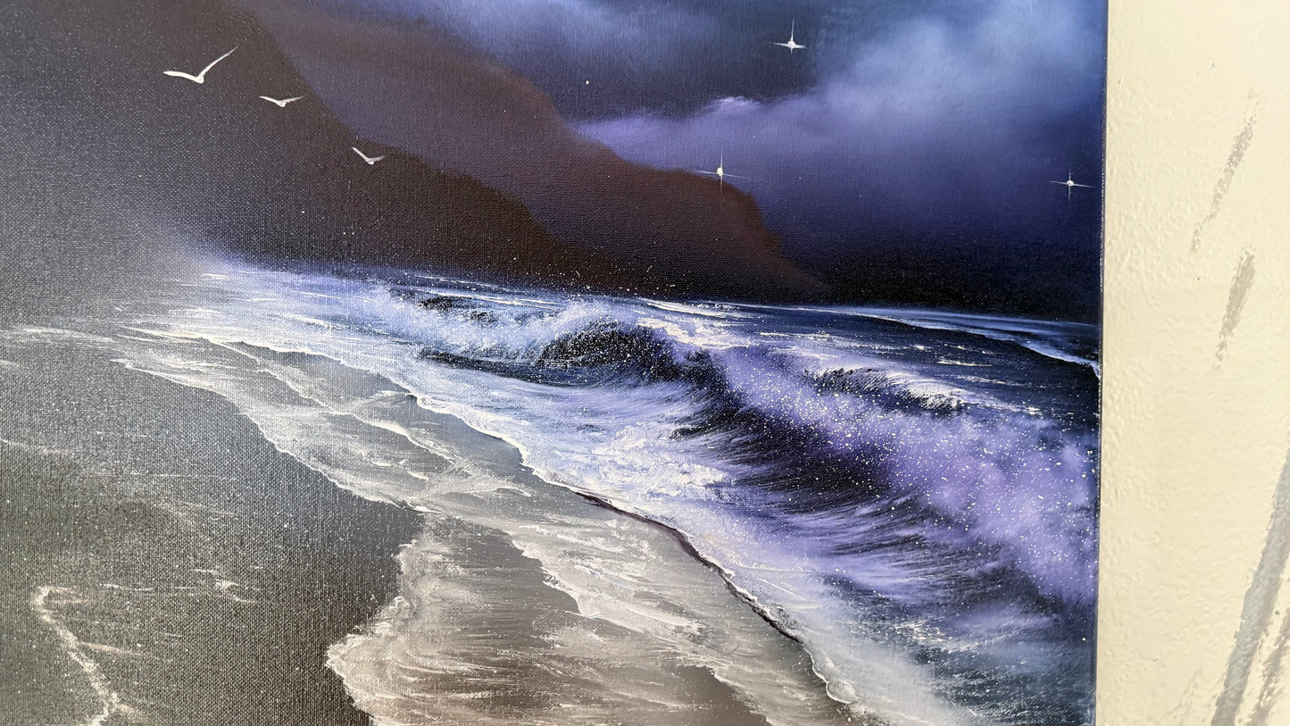 Painting #2091 - 18x24" Canvas - Oregon Coast Night Seascape painted 10-9-25