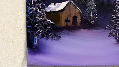 Painting #2114 - 18x24" Canvas - Forest Cabin Painting with Fairy Lights painted 10-23-25