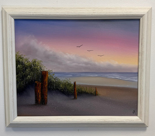Painting #2576 - 16x20" Framed Canvas - Sunset Seascape painted 8-31-26