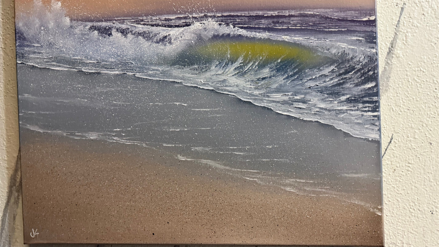 Painting #2291 - 20x24" Canvas - Sunset Seascape Crashing Wave painted 2-16-26