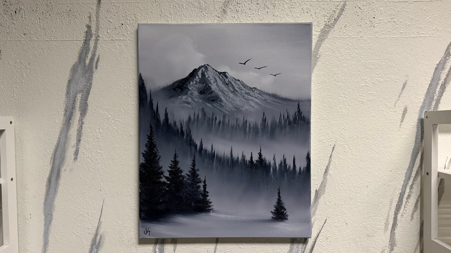 Painting #2164 - 16x20" Canvas - Black and White Mt Hood Landscape painted 11-29-25