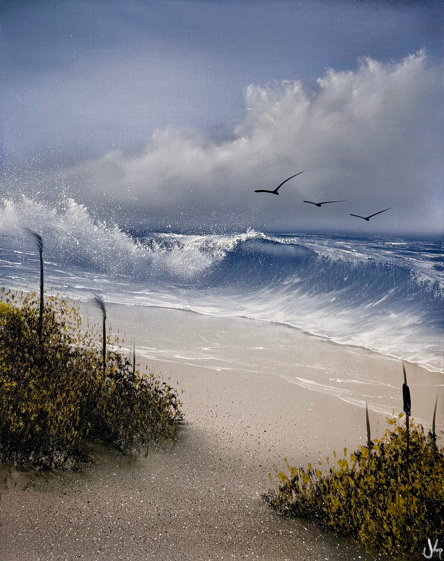 Painting #2152 - 16x20" Canvas - Cattails Seascape painted 11-18-25