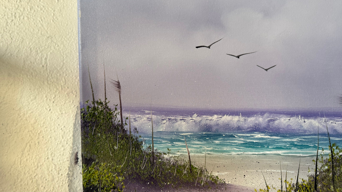 Painting #2065 - 16x20" Canvas - Cattails Seascape painted 9-20-25