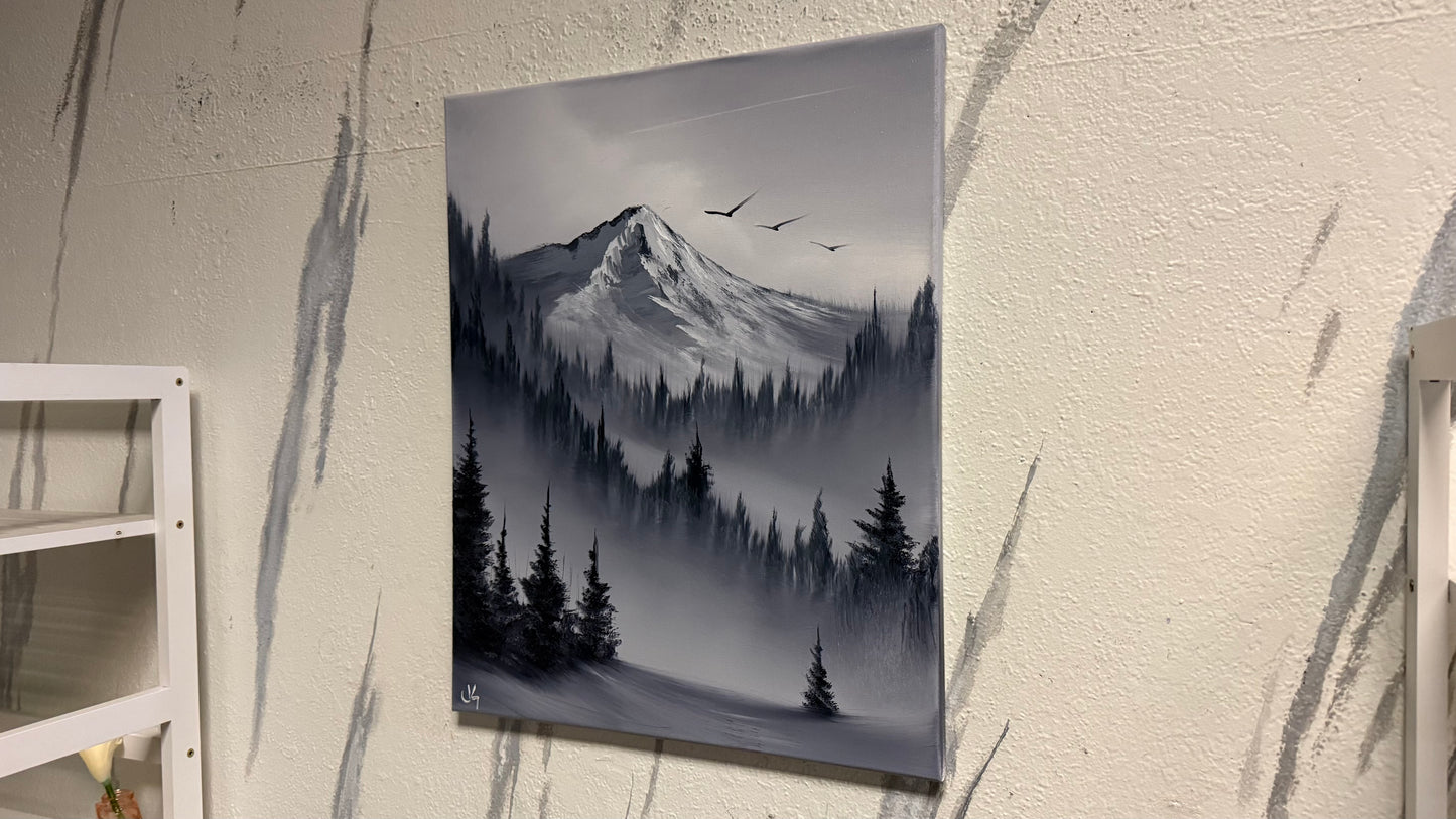 Painting #2149 - 16x20" Canvas - Black and White Mt Hood Landscape painted 11-16-25
