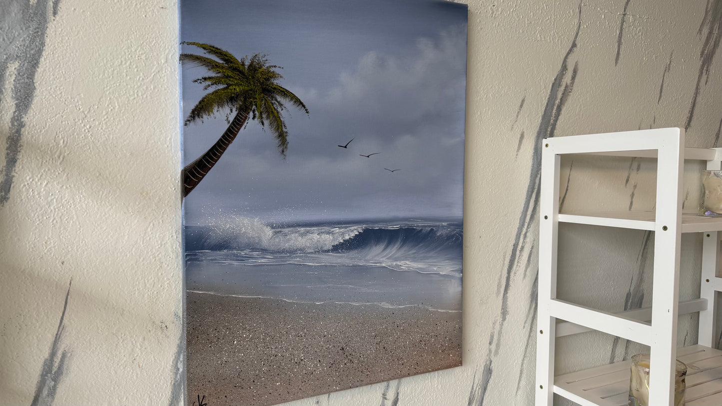 Painting #2117 - 18x24" Canvas - Palm Tree Seascape painted 10-25-25