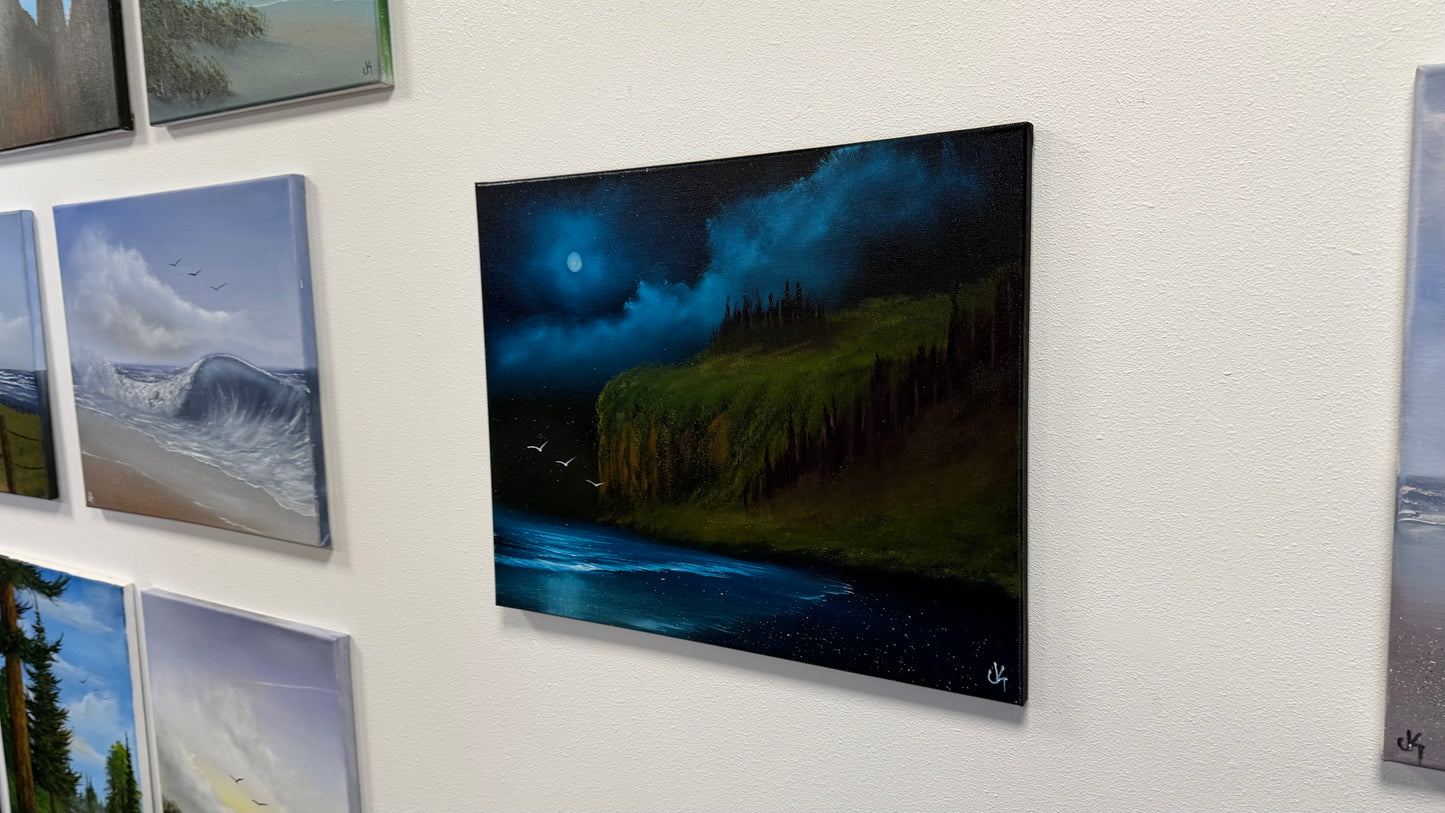 Painting #2530 - 16x20" Canvas - Coastal Moonlit Seascape painted 7-27-26