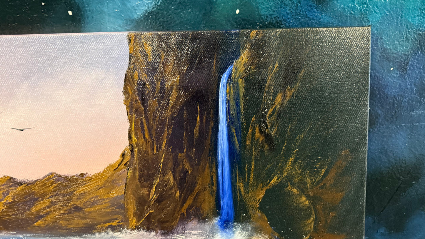 Painting #2239 - 15x30" Canvas - Coastal Waterfall Seascape painted 1-16-26