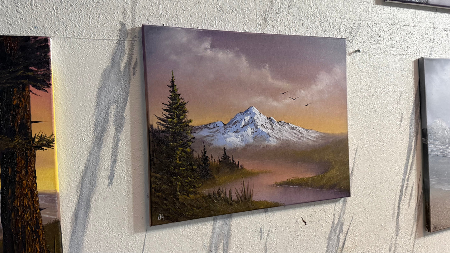 Painting #2390 - 16x20" Canvas - Sunset Mountain River Landscape painted 4-14-26