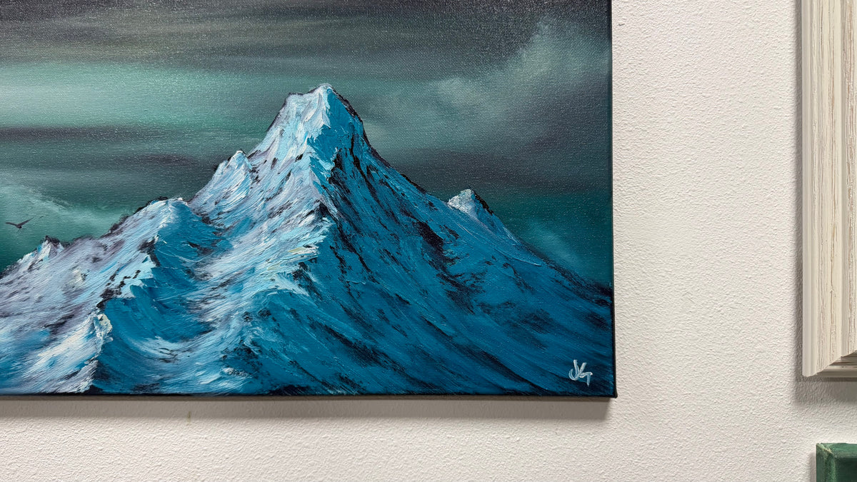 Painting #2599 - 18x24" Black Canvas - Dramatic Blue Mountain Landscape painted 9-13-26