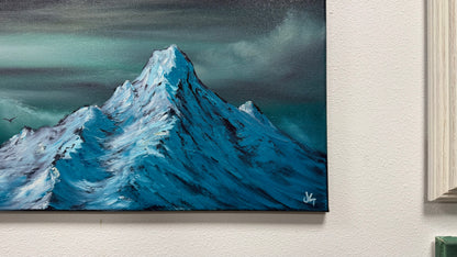 Painting #2599 - 18x24" Black Canvas - Dramatic Blue Mountain Landscape painted 9-13-26