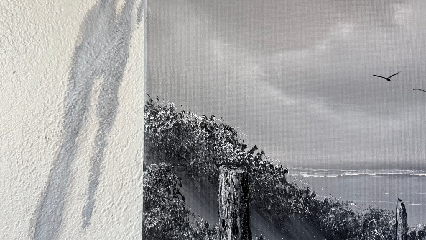 Painting #2450 - 16x20" Canvas - East Coast Black and White Seascape painted 5-21-26