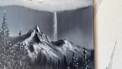 Painting #2488 - 16x20" Canvas - Black and White Mountain Waterfall painted 6-15-26