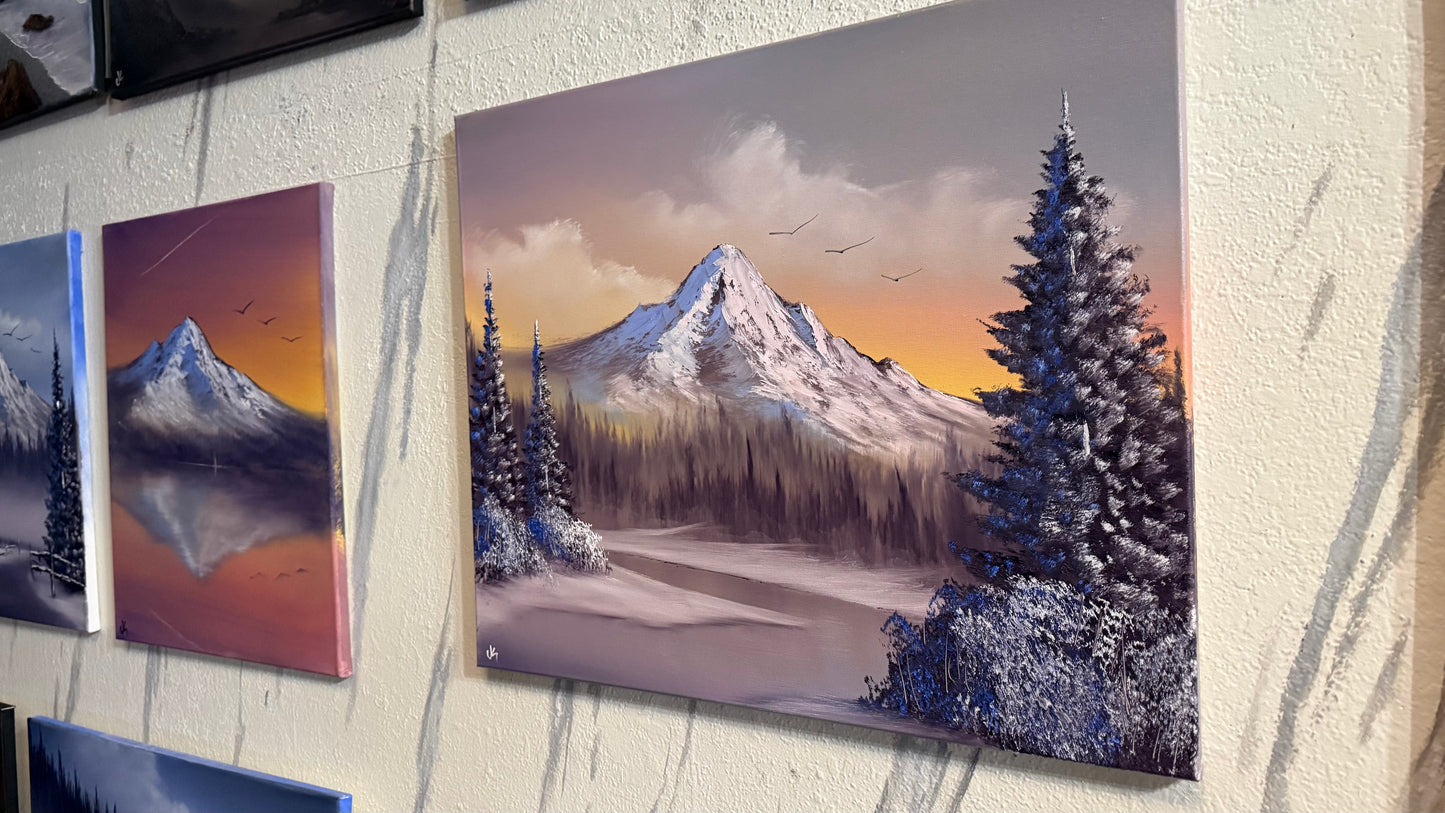 Painting #2285 - 20x24" Canvas - Sunset Winter Landscape painted 2-13-26