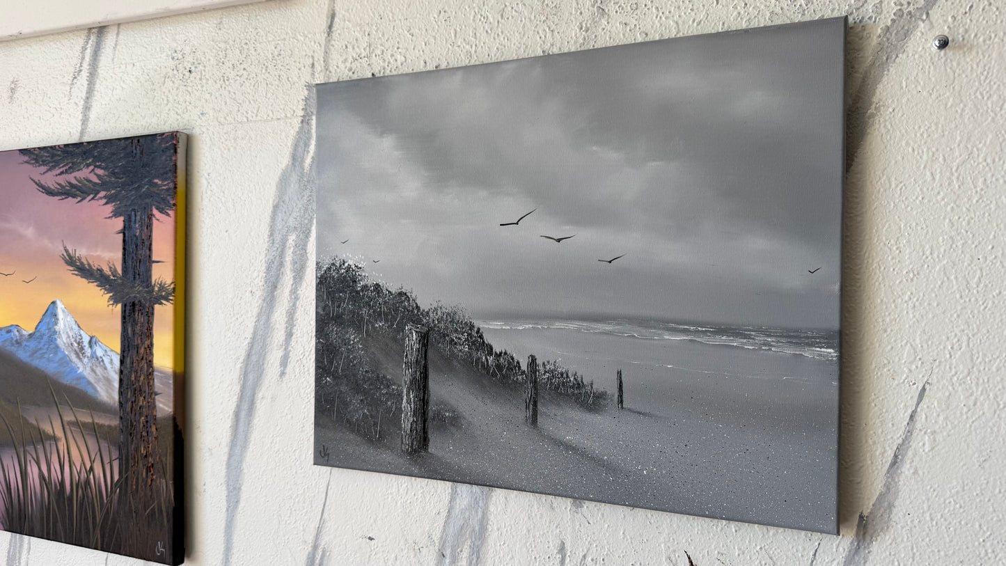 Painting #2449 - 16x20" Canvas - Black and White Seascape painted 5-21-26