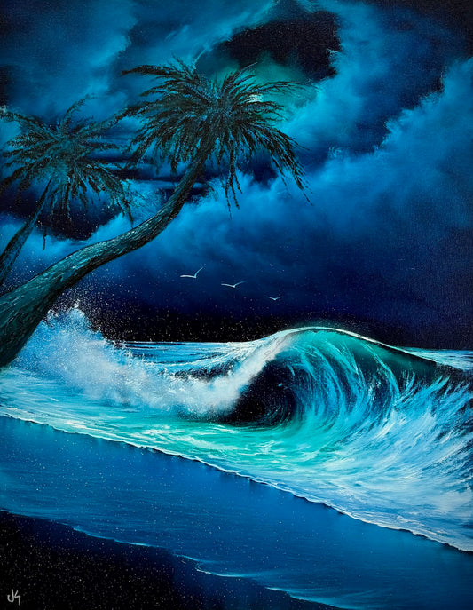 Painting #2570 - 22x28" Canvas - Cloud Stairway Crashing Wave Palm Tree Seascape painted on 8-28-26