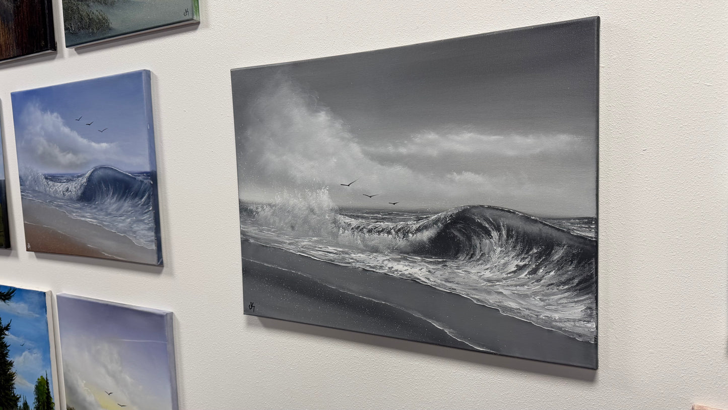 Painting #2523 - 18x24" Canvas - Black and White Seascape painted 7-23-26
