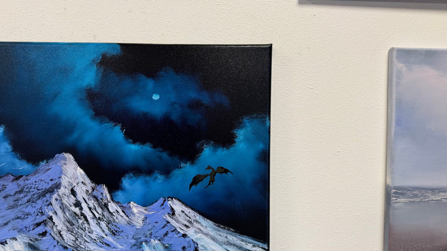 Painting #2578 - 22x28" Canvas - Dramatic Mountain Landscape with Dragon silhouette painted 9-3-26