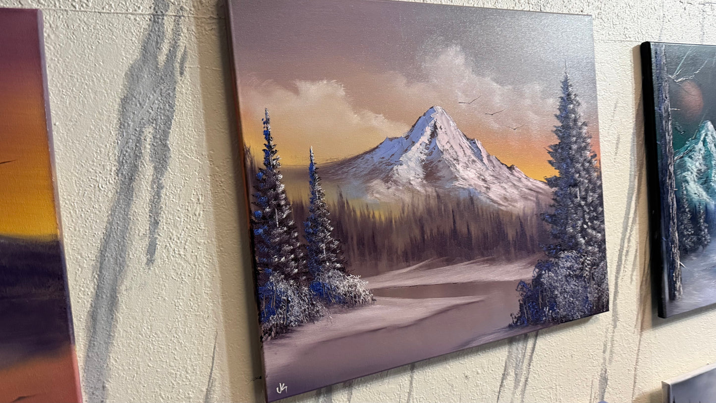 Painting #2285 - 20x24" Canvas - Sunset Winter Landscape painted 2-13-26