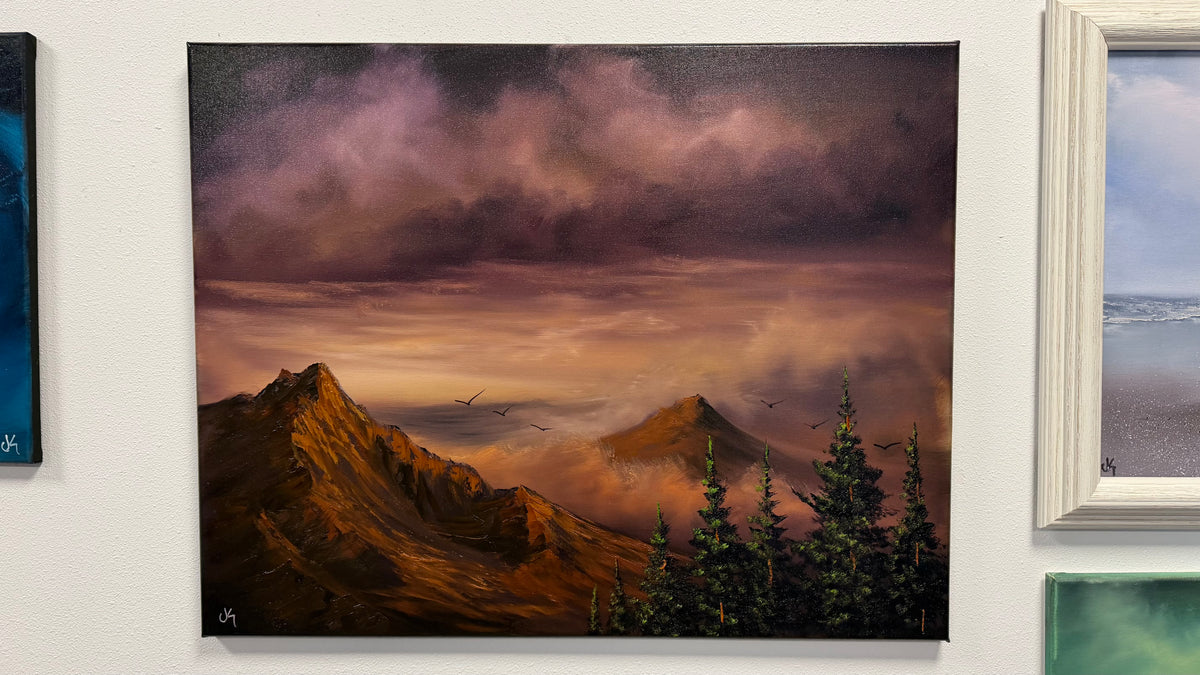 Painting #2606 - 22x28" Canvas - Dramatic Sunset Mountain Landscape painted 9-18-26