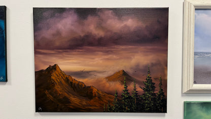 Painting #2606 - 22x28" Canvas - Dramatic Sunset Mountain Landscape painted 9-18-26