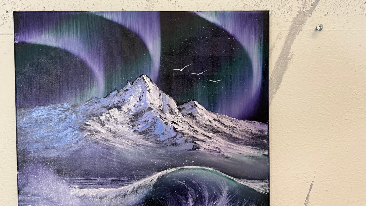 Painting #2403 - 16x20" Canvas - Aurora Mountain Seascape painted 4-21-26
