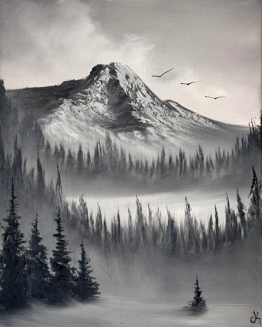 Painting #2211 - 16x20" Canvas - Black and White Mt Hood painted 12-30-25