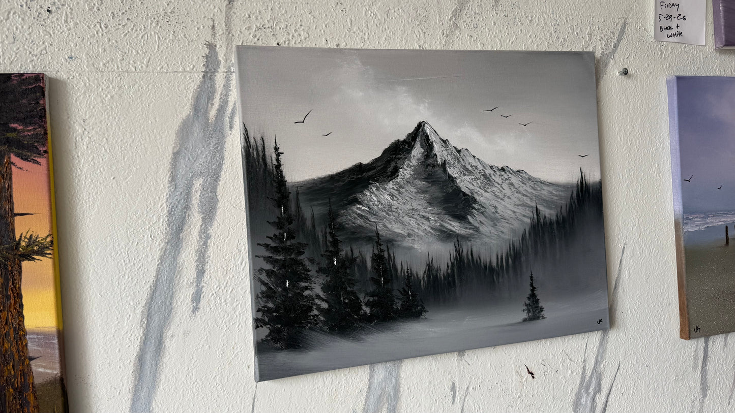 Painting #2430 - 16x20" Canvas - Black and White Mountain Landscape painted 5-6-26