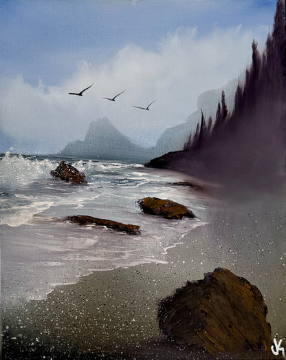 Painting #2062 - 16x20" Canvas - In The Mist - Oregon Coast Seascape painted 9-18-25