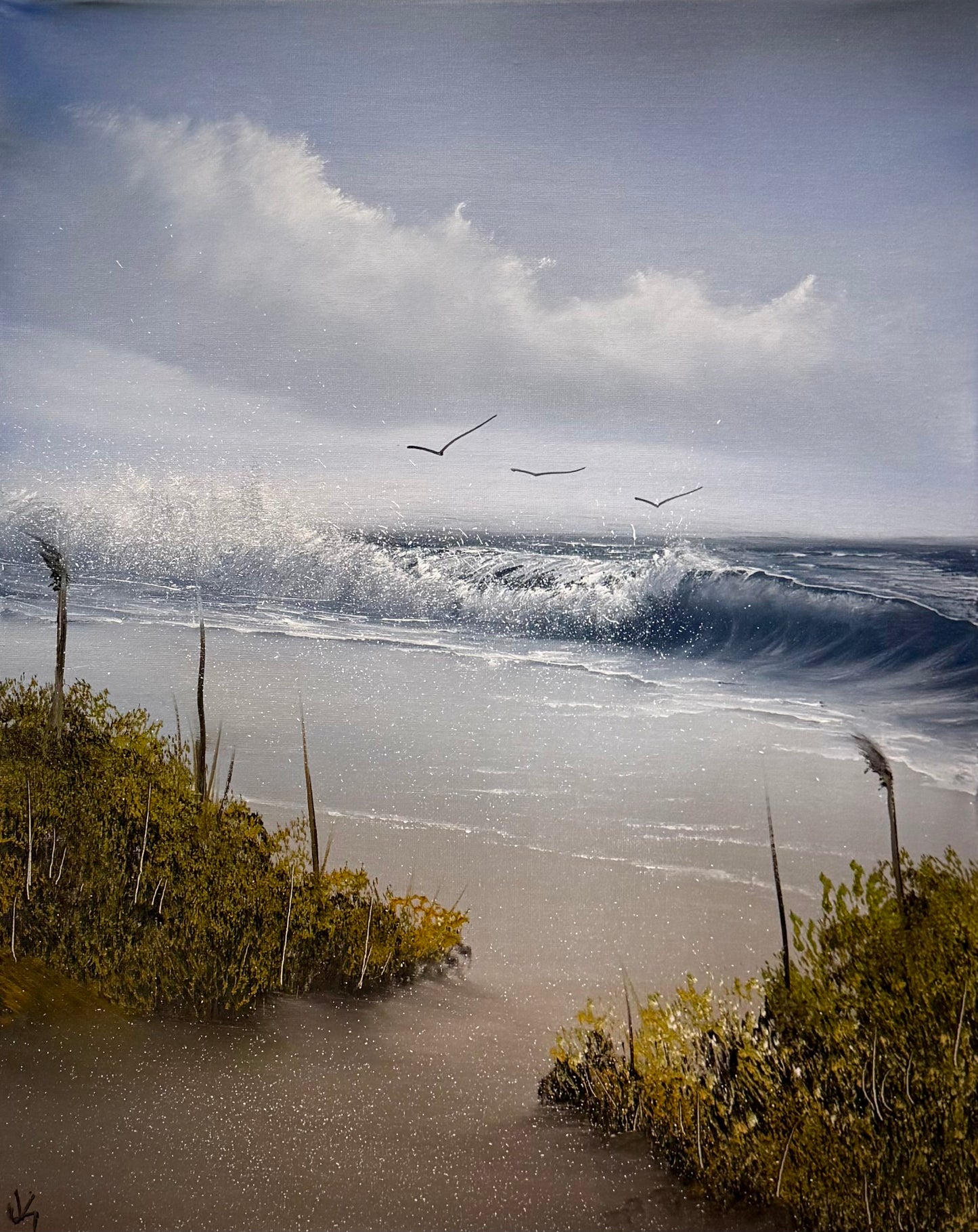 Painting #2321 - 16x20" Canvas - Crashing Wave Cattails Seascape painted 3-7-26