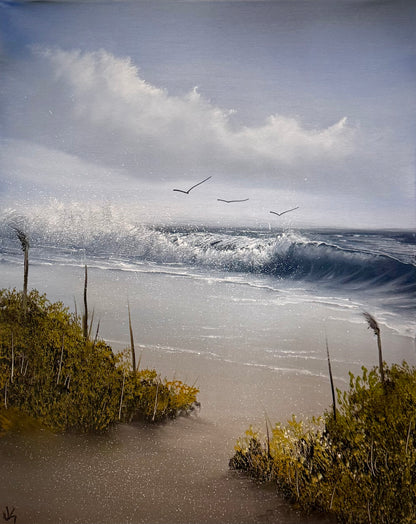 Painting #2321 - 16x20" Canvas - Crashing Wave Cattails Seascape painted 3-7-26